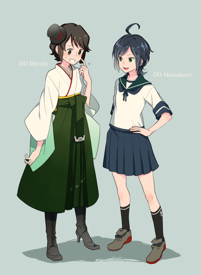 2girls, ahoge, black_hair, brown_eyes, cosplay, costume_switch, deco_(geigeki_honey), green_eyes, grin, hakama, hakama_skirt, hand_on_own_hip, hat, japanese_clothes, kantai_collection, long_sleeves, matsukaze_(kancolle), matsukaze_(kancolle)_(cosplay), meiji_schoolgirl_uniform, mini_hat, mini_top_hat, miyuki_(kancolle), miyuki_(kancolle)_(cosplay), multiple_girls, open_mouth, school_uniform, short_hair, skirt, smile, sweat, top_hat, wide_sleeves