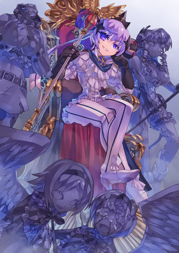 10s, 1girl, broken, crossed_legs, female_focus, grin, head_rest, headless