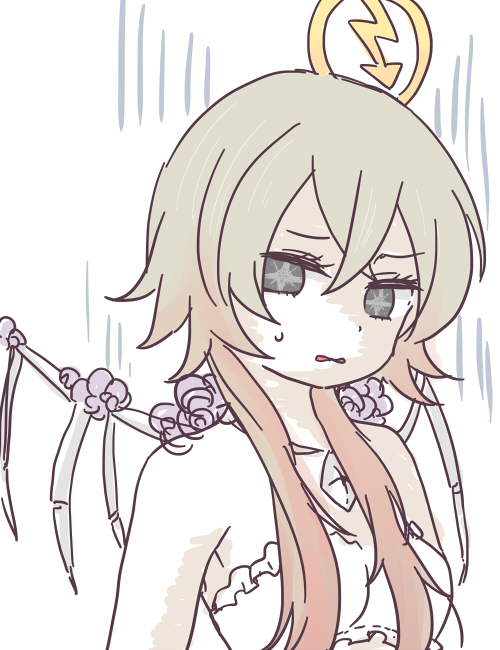 10s, 1girl, 6269, annoyed, bare_shoulders, cq_angel_hamuel, cq_tenshi_hamuel, female_focus, long_hair, mahou_shoujo_ikusei_keikaku, mahou_shoujo_ikusei_keikaku_aces, mahou_shoujo_ikusei_keikaku_queens, multicolored_hair, solo, two-tone_hair, upper_body, wings