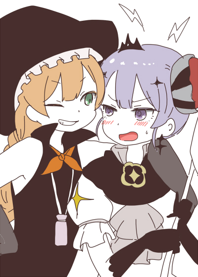 10s, 2girls, 6269, annoyed, arm_around_shoulder, blonde_hair, blush, gloves