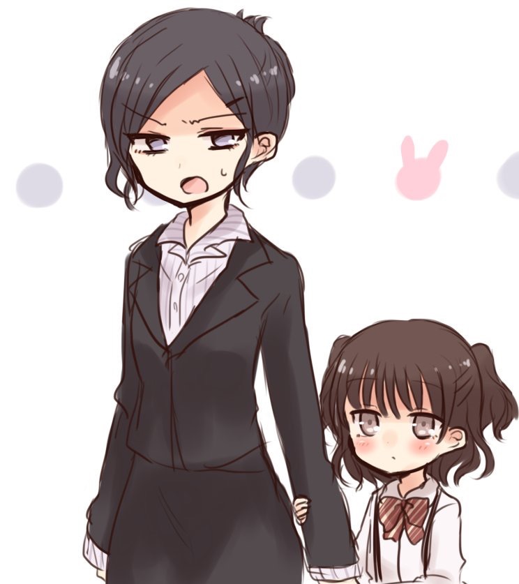 10s, 2girls, age_difference, annoyed, arm_grab, blush, brown_hair, child