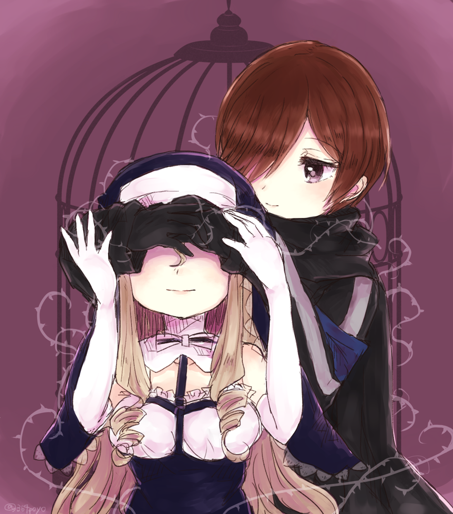 10s, 2girls, 364poyo, bad_id, bad_twitter_id, blonde_hair, brown_hair, couple, covering_own_eyes, mahou_shoujo_ikusei_keikaku, mahou_shoujo_ikusei_keikaku_unmarked, md5_mismatch, multiple_girls, sister_nana, weiss_winterprison, yuri