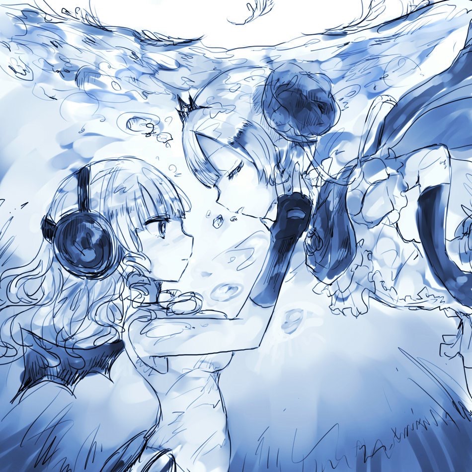 10s, 2girls, 364poyo, blue_theme, blunt_bangs, closed_eyes, fingerless_gloves, floating