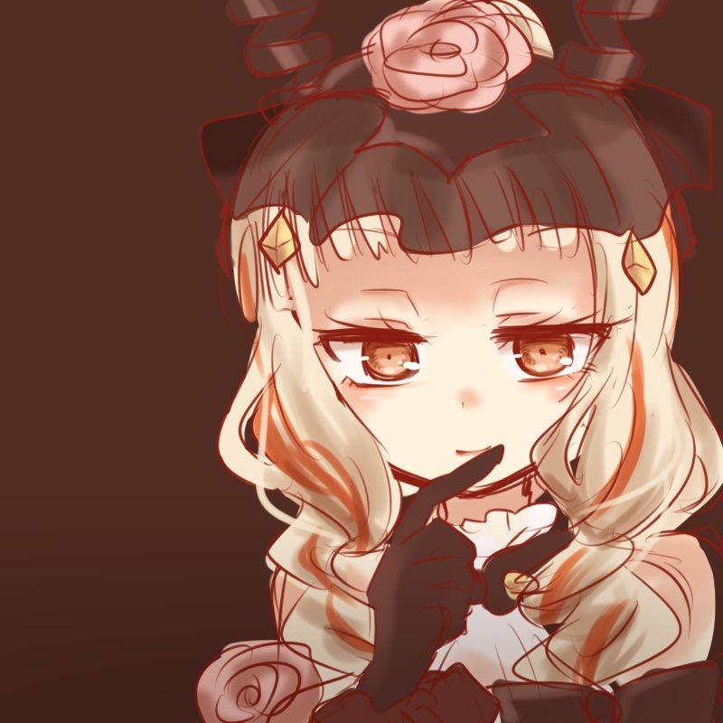 10s, 1girl, black_gloves, blonde_hair, finger_to_mouth, gloves, lethe_(mahoiku), light_smile