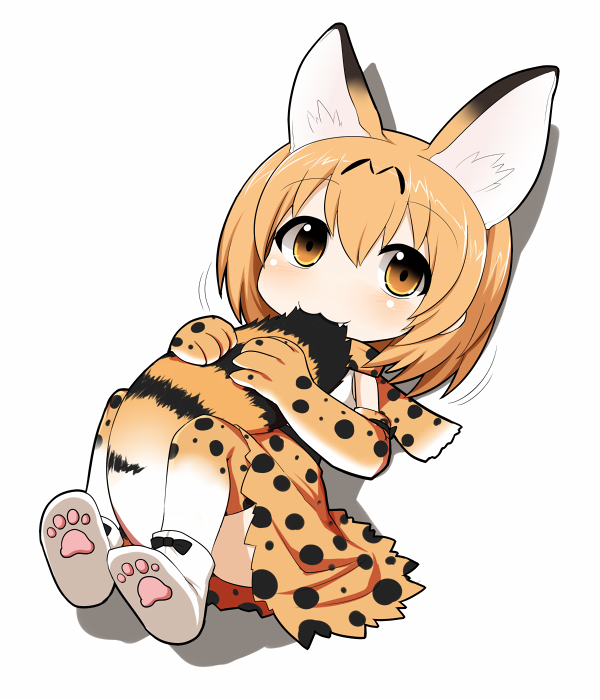 10s, 1girl, :3, animal_ears, animal_print, bare_shoulders, between_legs, biting_own_tail