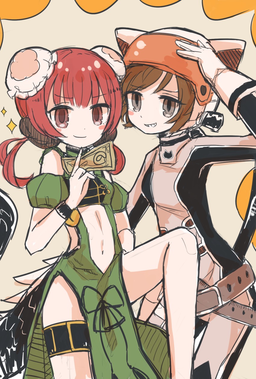 10s, 2girls, @nyannyan, bodysuit, brown_hair, butter_run, grin, helmet, highres, mahou_shoujo_ikusei_keikaku, mahou_shoujo_ikusei_keikaku_restart, multiple_girls, navel, ofuda, red_hair, smile, twintails, yumenoshima_genopsycho