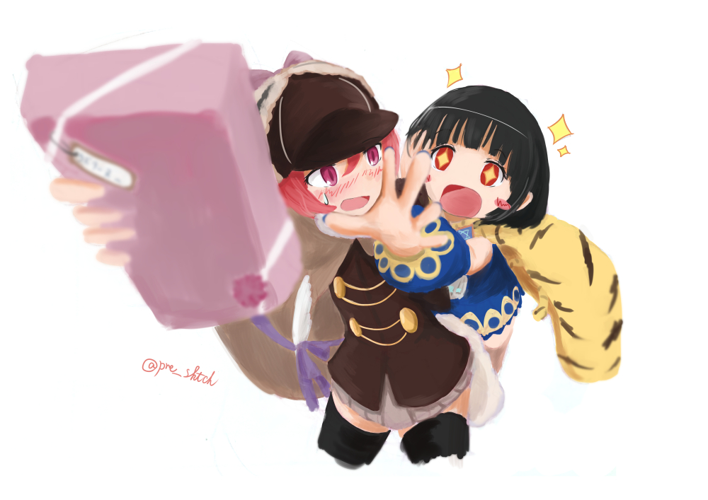 10s, 2girls, bad_id, bad_pixiv_id, blush, cape, detec_bell, detick_bell