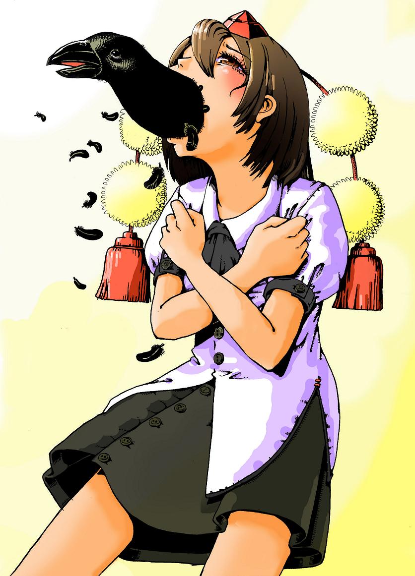 1girl, bird, blush, brown_eyes, brown_hair, crow, feathers, female_focus, full_mouth, hat, jpeg_artifacts, looking_up, nara_hashi_chuukai, narahashi_(matsuri), shameimaru_aya, skirt, solo, surreal, tengu, touhou, what