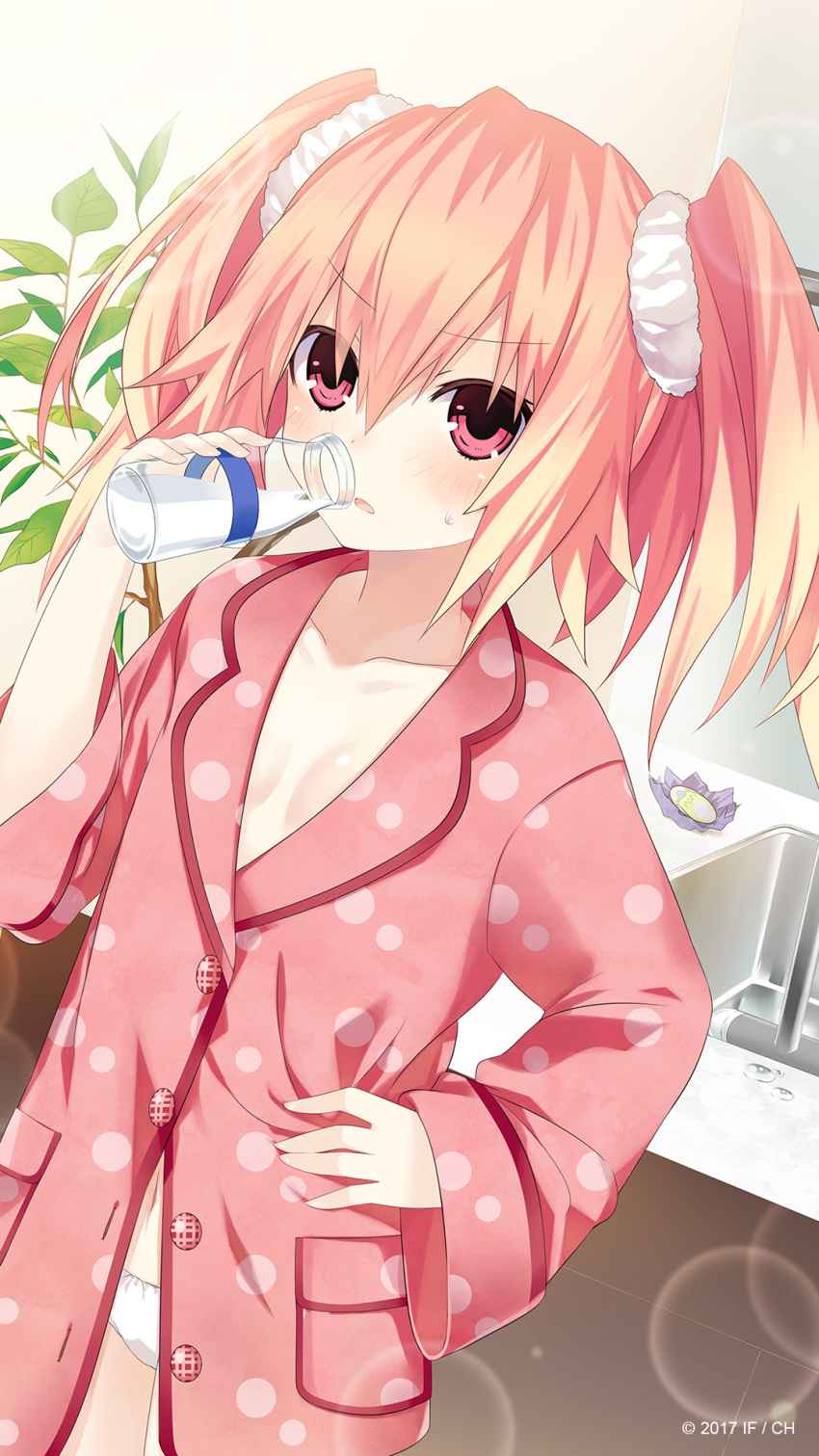 1girl, 2017, alyn_(fairy_fencer_f), blonde_hair, blush, bottle, breasts, cleavage, drinking, fairy_fencer_f, female_focus, hand_on_own_hip, highres, looking_at_viewer, milk, official_art, pajamas, panties, pink_eyes, pink_hair, pipin_(fairy_fencer_f), short_hair, small_breasts, solo, tsunako, twintails, underwear, white_panties