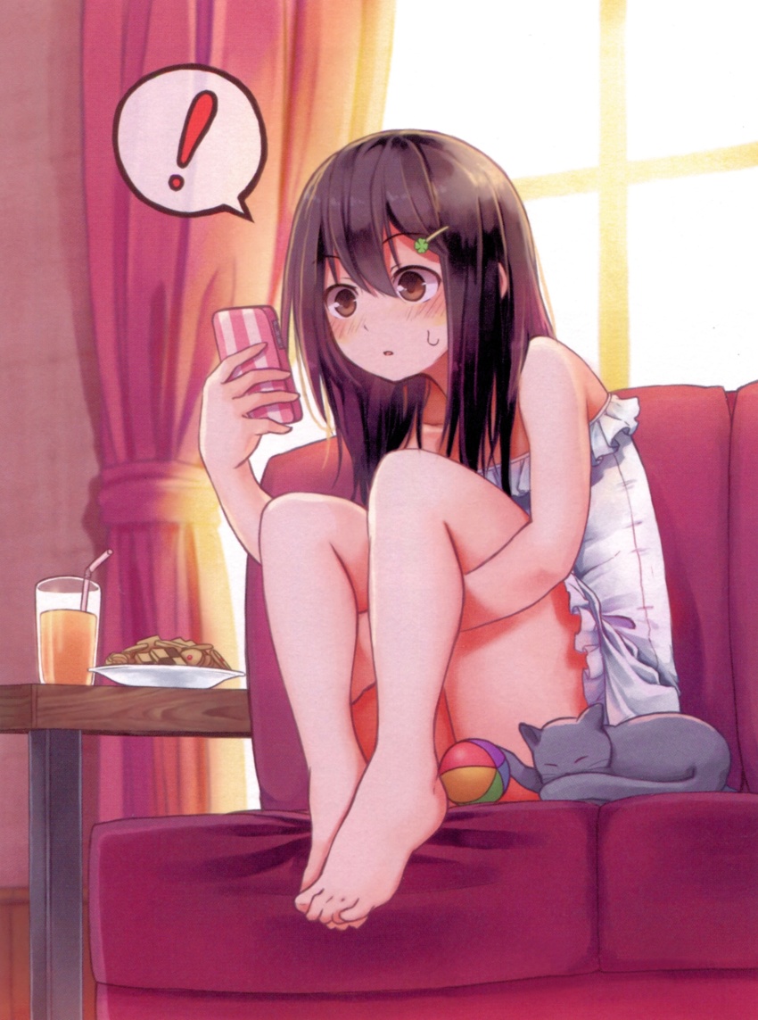 !, 1girl, absurdres, animal, backlighting, ball, bare_legs, bare_shoulders, barefoot, black_hair, blush, brown_eyes, cat, cellphone, chair, checkerboard_cookie, commentary, cookie, couch, cup, curtains, dress, drink, drinking_glass, drinking_straw, feet, feet_on_chair, female_focus, food, frills, full_body, grey_cat, hair_ornament, hairclip, highres, holding, holding_phone, hugging_own_legs, indoors, lens_flare, living_room, long_hair, looking_at_phone, niichi_(komorebi-palette), on_couch, original, phone, plantar_flexion, sae_shizuka, scan, sitting, smartphone, solo, spoken_exclamation_mark, strapless, strapless_dress, sunlight, surprised, sweatdrop, table, tareme, white_dress, window