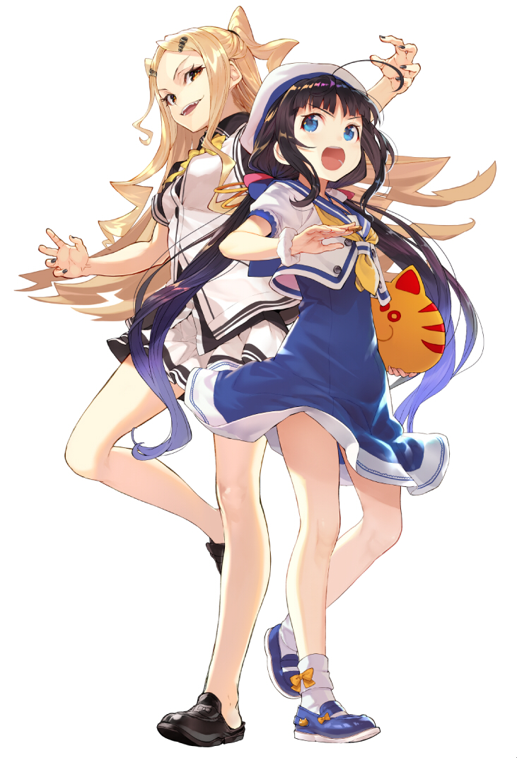 10s, 2girls, ahoge, beret, black_hair, black_nails, blonde_hair, blue_dress