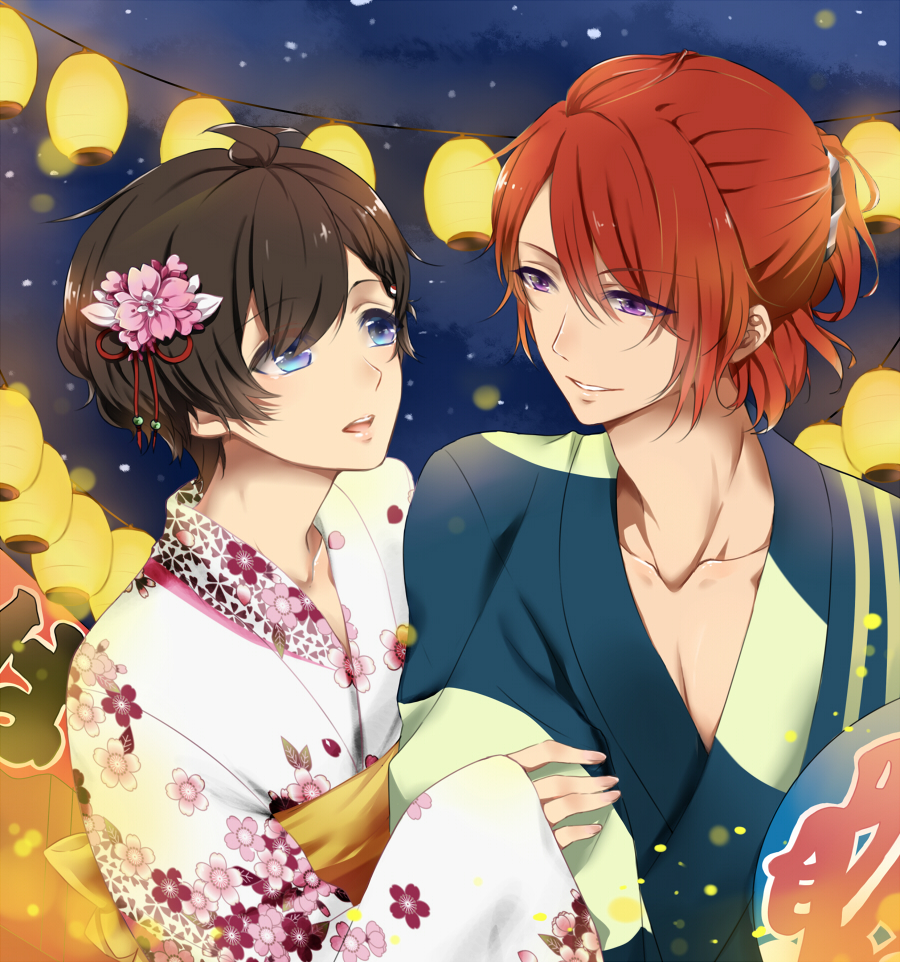 10s, 2boys, androgynous, arm_hug, black_hair, blue_eyes, eyes_visible_through_hair, festival, floral_print, flower, hair_flower, hair_ornament, hand_fan, hazuki_you_(tsukiuta), japanese_clothes, kimono, lights, long_sleeves, looking_at_another, multiple_boys, nagatsuki_yoru, nancy980216, night, parted_lips, ponytail, purple_eyes, red_hair, short_hair, sleeves_past_wrists, smile, trap, tsukino_talent_production, tsukiuta, wide_sleeves
