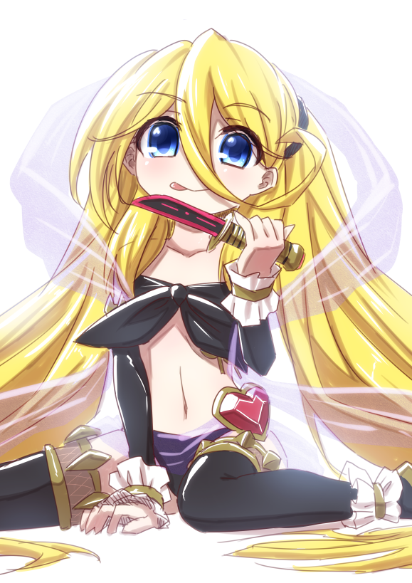 1girl, alternate_costume, blonde_hair, blue_eyes, dagger, female_focus, hair_between_eyes, knife