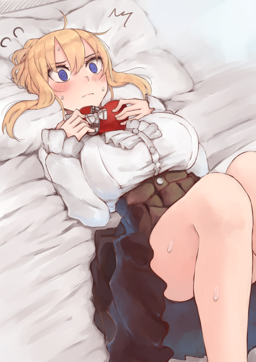 1girl, 3:, @_@, ^^^, ahoge, arms_at_sides, black_skirt, blonde_hair