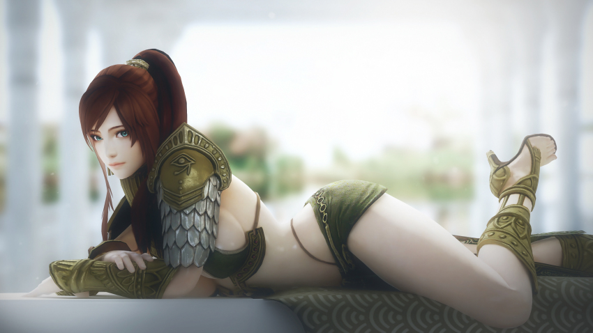 1girl, 3d, ancient_egyptian, ancient_egyptian_clothes, armor, blurry, breasts, brown_hair