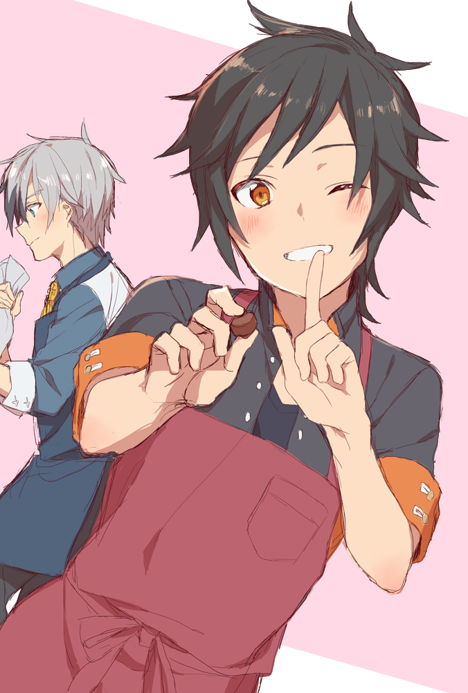 2boys, ;), apron, bad_id, bad_pixiv_id, black_hair, blue_eyes, blush, chagama-chan, chocolate, dutch_angle, finger_to_mouth, grey_hair, grin, jude_mathis, looking_down, ludger_will_kresnik, male_focus, multicolored_hair, multiple_boys, one_eye_closed, orange_eyes, smile, streaked_hair, tales_of_(series), tales_of_xillia, tales_of_xillia_2, valentine