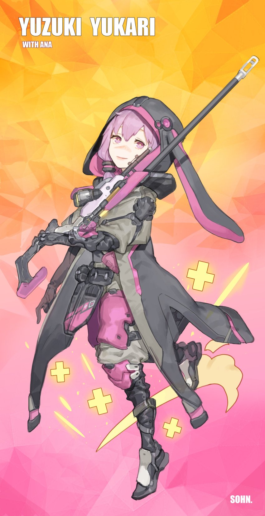 1girl, absurdres, ana_(overwatch), ana_(overwatch)_(cosplay), animal_ears, animal_hood, artist_name, bad_id, bad_twitter_id, black_boots, black_coat, bodysuit, boots, character_name, closed_mouth, coat, cosplay, elbow_gloves, fake_animal_ears, female_focus, full_body, gauntlets, gloves, gun, hair_tubes, highres, holding, holding_gun, holding_weapon, hood, hood_up, hooded_coat, hoodie, knee_boots, leg_up, long_sleeves, looking_at_viewer, low_twintails, overwatch, overwatch_1, purple_eyes, purple_hair, rabbit_ears, rabbit_hood, rifle, smile, sniper_rifle, sohn_woohyoung, solo, standing, standing_on_one_leg, twintails, vocaloid, voiceroid, weapon, yuzuki_yukari