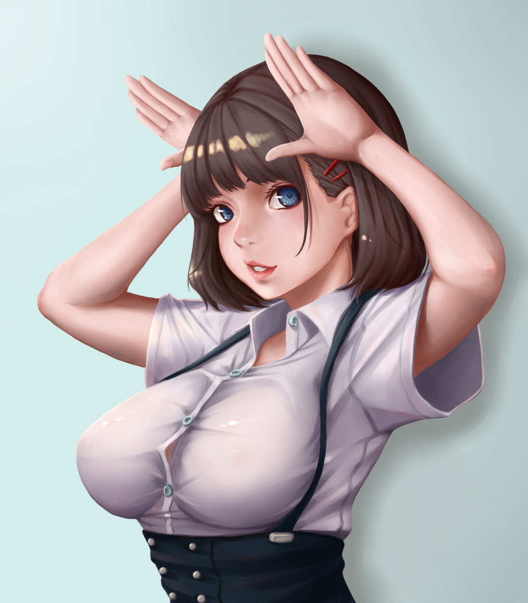 1girl, black_skirt, blue_background, blue_eyes, blunt_bangs, breasts, brown_hair, bunny_ears_gesture