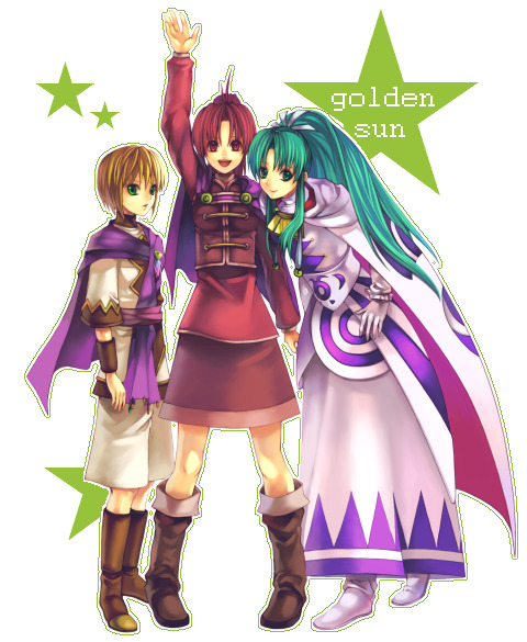 3girls, armlet, blonde_hair, blue_eyes, blue_hair, boots, bow, camelot, cape, gloves, golden_sun, green_eyes, hair_bow, jenna_(golden_sun), jewelry, leaning, long_hair, mia_(golden_sun), multiple_girls, natsuki_sao, red_eyes, red_hair, ribbon, sheba_(golden_sun), short_hair, skirt, smile