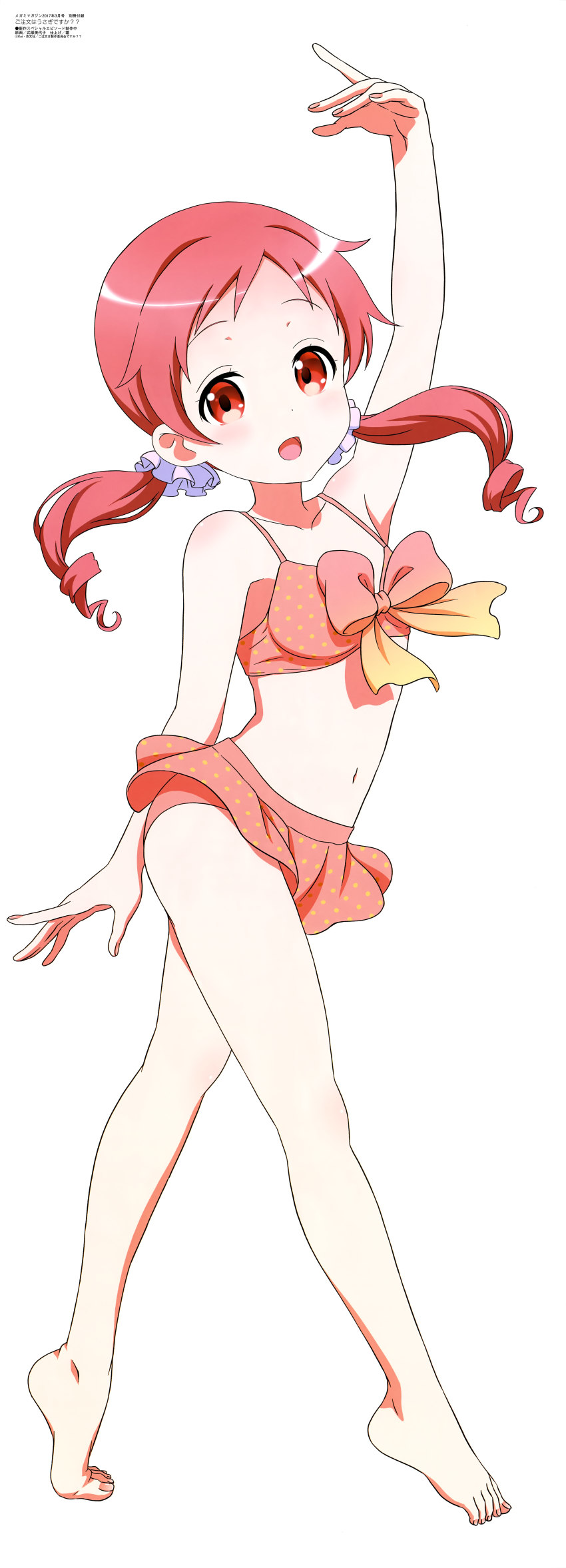 1girl, :d, absurdres, arm_up, barefoot, bikini, bikini_skirt, blush