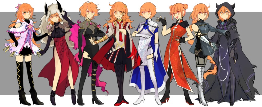 10s, 1girl, adapted_costume, ahoge, alternate_hair_length, alternate_hairstyle, arjuna_(fate), arjuna_(fate)_(cosplay), arjuna_(third_ascension)_(fate), asterios_(fate), asterios_(fate)_(cosplay), asymmetrical_clothes, asymmetrical_gloves, black_cloak, black_dress, black_gloves, black_pants, black_pantyhose, black_shirt, blouse, blue_cape, blunt_bangs, boots, bracelet, braid, breasts, cape, chain, china_dress, chinese_clothes, cleavage, cleavage_cutout, cloak, clothing_cutout, cosplay, cross-laced_footwear, curly_hair, double_bun, dress, elbow_gloves, fake_horns, fashion, fate/apocrypha, fate/extra, fate/grand_order, fate_(series), fingerless_gloves, flower, fujimaru_ritsuka_(female), full_body, garter_straps, gilgamesh_(fate), gilles_de_rais_(caster)_(fate), gilles_de_rais_(fate), gilles_de_rais_(saber)_(fate), gilles_de_rais_(saber)_(fate)_(cosplay), gloves, grey_background, gurekan25, hair_bun, hair_flower, hair_ornament, hair_visible_through_wig, hand_on_own_headwear, hand_on_own_hip, high_heel_boots, high_heels, highres, hood, hooded_cape, hooded_cloak, hooded_top, horns, jacket, jewelry, karna_(fate), karna_(fate)_(cosplay), king_hassan_(fate), king_hassan_(fate)_(cosplay), lace-up_gloves, legband, legs_apart, legs_together, li_shuwen_(fate), li_shuwen_(fate)_(cosplay), li_shuwen_(young)_(fate), loafers, long_hair, long_skirt, long_sleeves, looking_at_viewer, merlin_(fate/stay_night), merlin_(fate/stay_night)_(cosplay), multiple_views, navel_cutout, necklace, o-ring, o-ring_top, orange_dress, orange_hair, pants, pantyhose, pelvic_curtain, pleated_skirt, red_skirt, ribbon, see-through_clothes, shirt, shoes, short_dress, short_hair, short_sleeves, shorts, side_slit, single_braid, skirt, skull, sleeveless, small_breasts, socks, solomon_(fate), solomon_(fate)_(cosplay), strapless, striped_background, striped_clothes, striped_pantyhose, striped_thighhighs, swept_bangs, tassel, tattoo, thigh_boots, thighhighs, thighlet, translucent, undershirt, uneven_gloves, vertical-striped_clothes, vertical-striped_pantyhose, vertical-striped_thighhighs, very_long_hair, white_background, white_cape, white_gloves, white_thighhighs, wig, wolfgang_amadeus_mozart_(fate), wolfgang_amadeus_mozart_(fate)_(cosplay), yellow_eyes, zettai_ryouiki