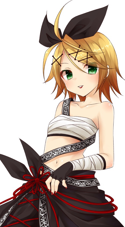 00s, 1girl, ahoge, alternate_costume, alternate_eye_color, amane_(amnk1213), bandages, bandages_around_chest, bare_shoulders, black_bow, blonde_hair, bow, breasts, collarbone, female_focus, flat_chest, green_eyes, hair_bow, hair_ornament, hairclip, half-closed_eyes, iroha_uta_(vocaloid), japanese_clothes, kagamine_rin, kagamine_rin_(heat_haze), lipstick, makeup, midriff, nail_polish, navel, parted_lips, project_diva_(series), red_nails, sarashi, short_hair, simple_background, small_breasts, smile, solo, vocaloid, white_background