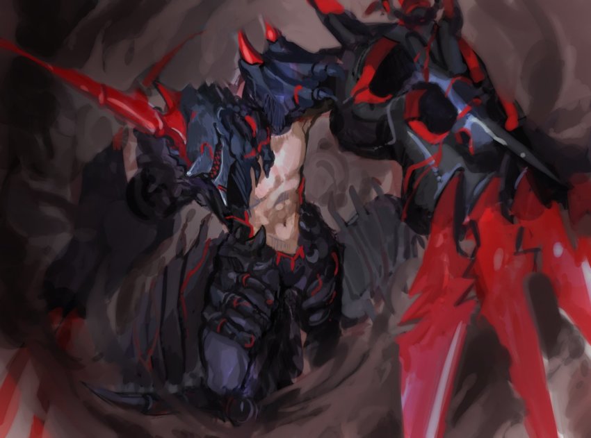 1boy, abs, armor, bare_pectorals, claws, cu_chulainn_(fate), cu_chulainn_alter_(curruid_coinchenn)_(fate), cu_chulainn_alter_(fate), cu_chulainn_alter_(fate/grand_order), fate/grand_order, fate_(series), helmet, horns, male_focus, nishiki_areku, pectorals, polearm, single_horn, solo, spear, weapon