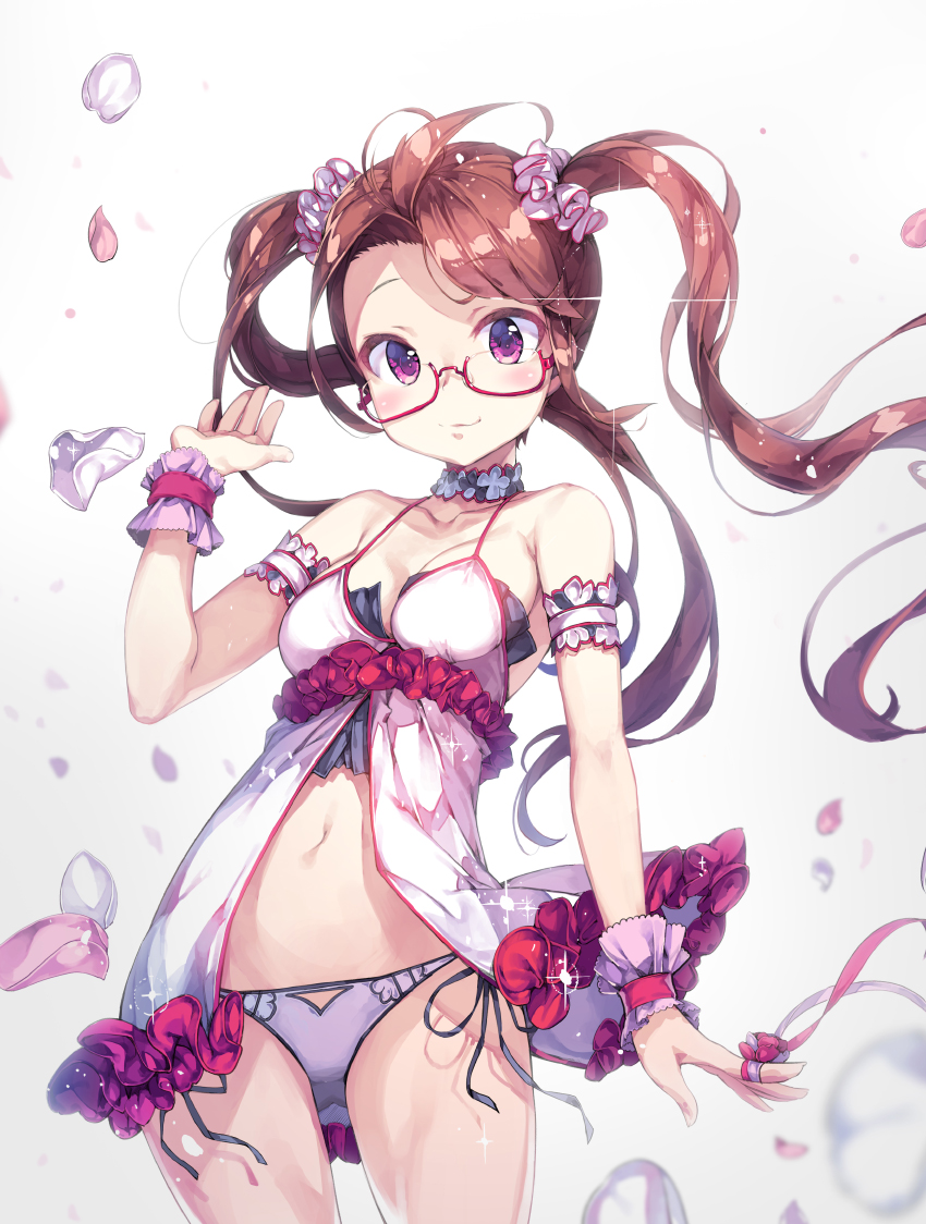 1girl, ahoge, arm_garter, babydoll, bare_shoulders, black_ribbon, breasts, brown_hair