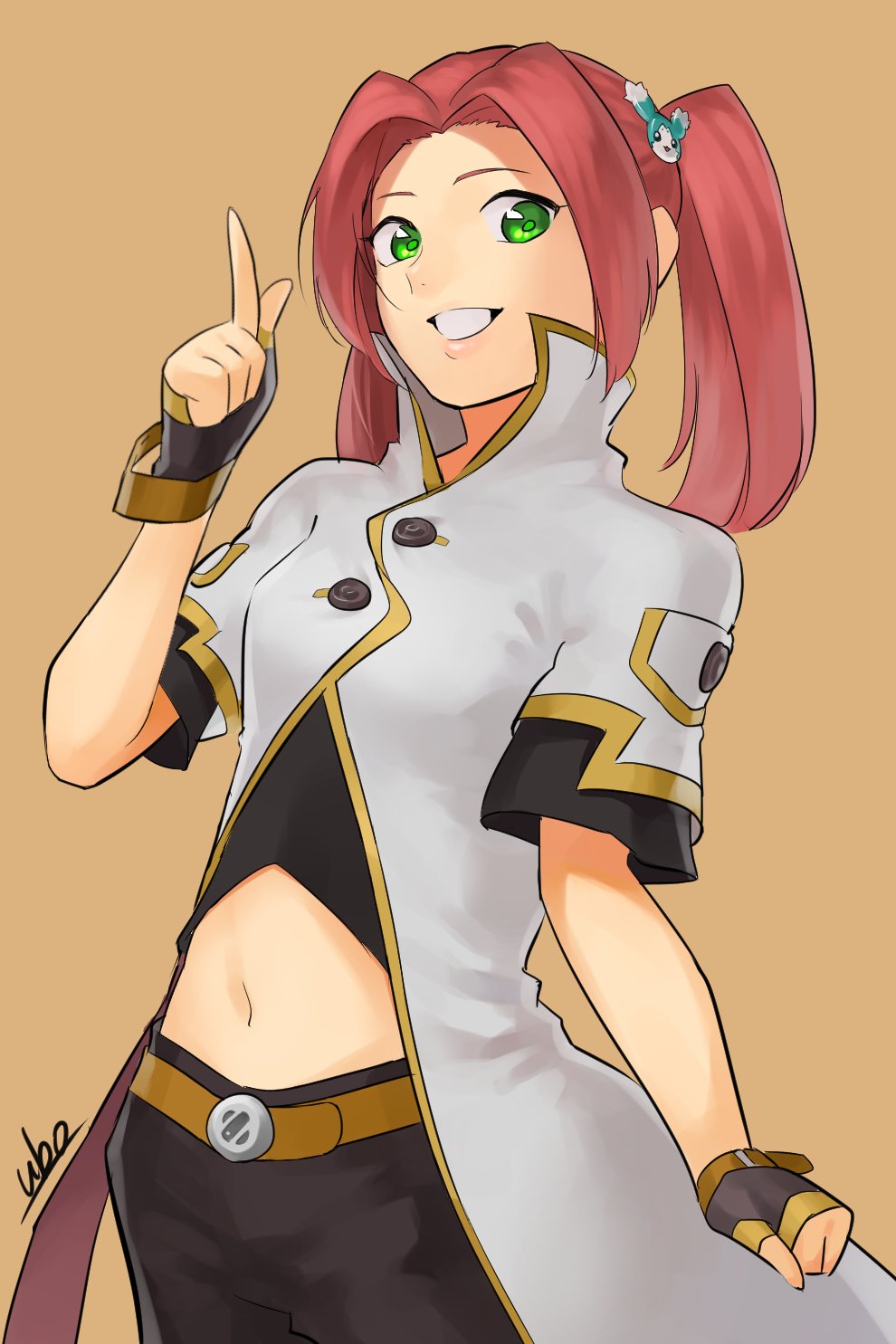 1girl, artist_name, belt, cosplay, eleanor_hume, female_focus, fingerless_gloves, gloves, green_eyes, grin, hair_ornament, highres, in-franchise_crossover, index_finger_raised, luke_fon_fabre, luke_fon_fabre_(cosplay), midriff, mieu_(tales), navel, red_hair, smile, solo, tales_of_(series), tales_of_berseria, tales_of_the_abyss, twintails, ubo_(ubo_tales)