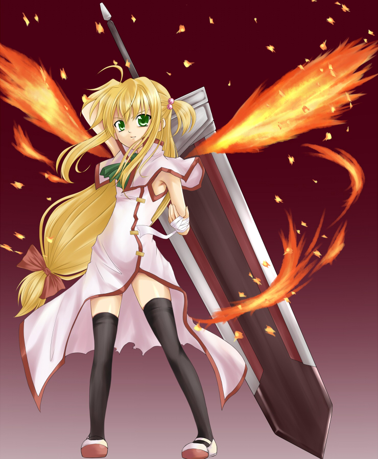 00s, 1girl, arisa_bunnings, blonde_hair, burning_arisa, female_focus, green_eyes, huge_weapon
