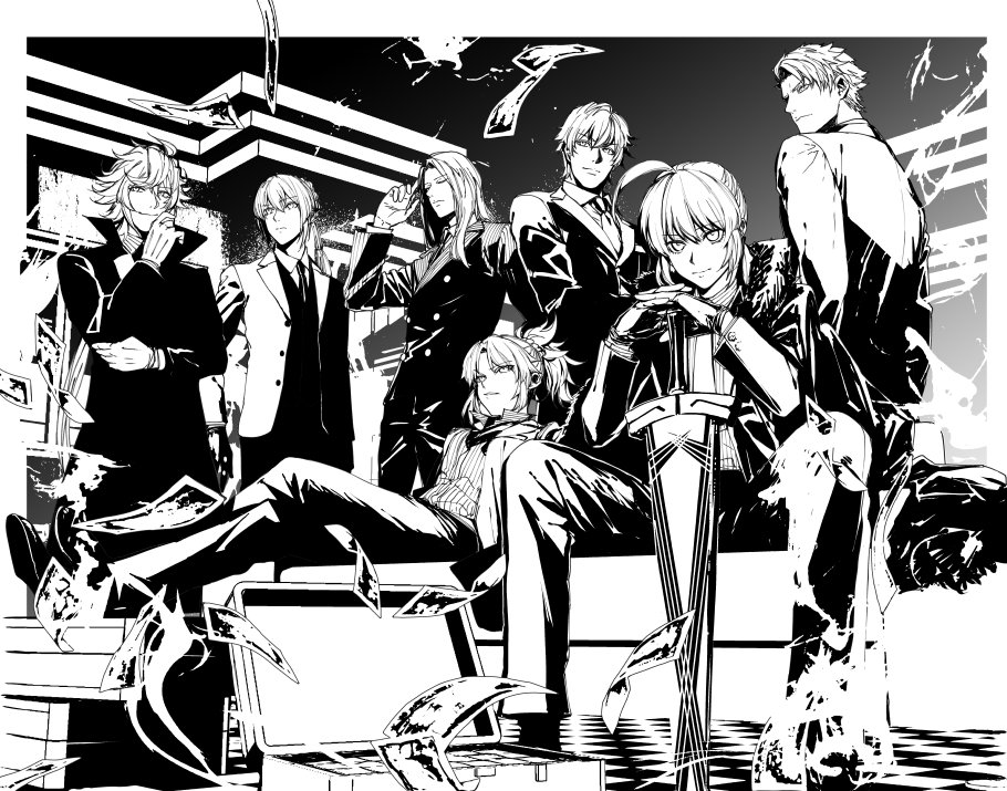 10s, 2girls, ahoge, avalon_(kuroame), bad_id, bad_twitter_id, bedivere_(fate), berserker_(fate/zero), excalibur_(fate/stay_night), closed_eyes, fate/apocrypha, fate/extra, fate/grand_order, fate/stay_night, fate_(series), formal_clothes, gawain_(fate), greyscale, iwamoto_eiri, lancelot_(fate/grand_order), long_hair, looking_at_viewer, merlin_(fate/stay_night), monochrome, mordred_(fate), mordred_(fate/apocrypha), multiple_boys, multiple_girls, ponytail, reverse_trap, smile, suit, sword, tristan_(fate), weapon