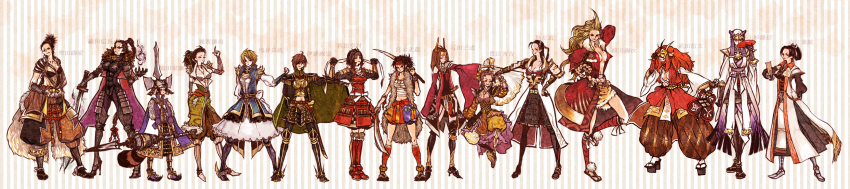 6+girls, armor, azai_nagamasa_(sengoku_musou), bad_id, bad_pixiv_id, bell, belt, black_hair, blonde_hair, breastplate, breasts, brown_hair, cape, cleavage, cup, date_masamune_(sengoku_musou), dual_wielding, everyone, flat_chest, fuma_kotaro_(sengoku_musou), fur, gauntlets, genderswap, genderswap_(mtf), greaves, hair_over_one_eye, hand_fan, high_heels, highres, holding, impossible_clothes, ishida_mitsunari_(sengoku_musou), japanese_armor, katana, kote, kusazuri, large_breasts, long_image, maeda_keiji_(sengoku_musou), mask, medium_breasts, midriff, miyamoto_musashi_(sengoku_musou), multiple_girls, naoe_kanetsugu_(sengoku_musou), o_mame, oda_nobunaga_(sengoku_musou), open_clothes, polearm, sachiko_(omame), saika_magoichi_(sengoku_musou), sakazuki, samurai, sanada_yukimura_(sengoku_musou), sandals, sarashi, sengoku_musou, sengoku_musou_2, sheath, shibata_katsuie_(sengoku_musou), shima_sakon_(sengoku_musou), shoes, shoulder_armor, small_breasts, smirk, sode, spear, suneate, sword, takeda_shingen_(sengoku_musou), tokugawa_ieyasu_(sengoku_musou), topknot, toyotomi_hideyoshi_(sengoku_musou), uesugi_kenshin_(sengoku_musou), weapon, wide_image