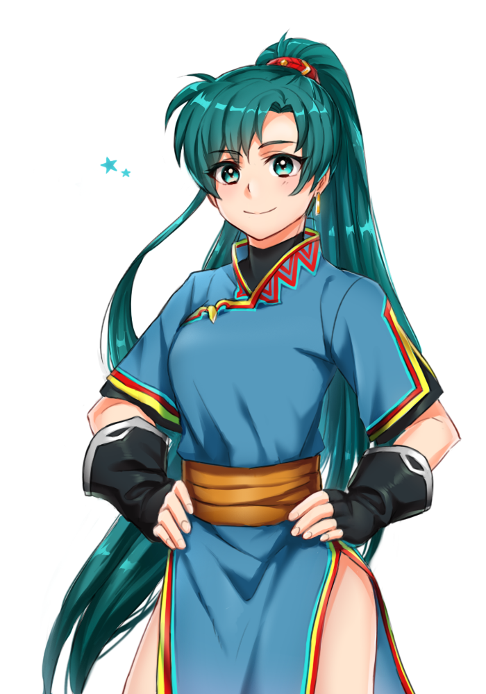 1girl, cowboy_shot, dress, earrings, female_focus, fingerless_gloves, fire_emblem, fire_emblem:_the_blazing_blade