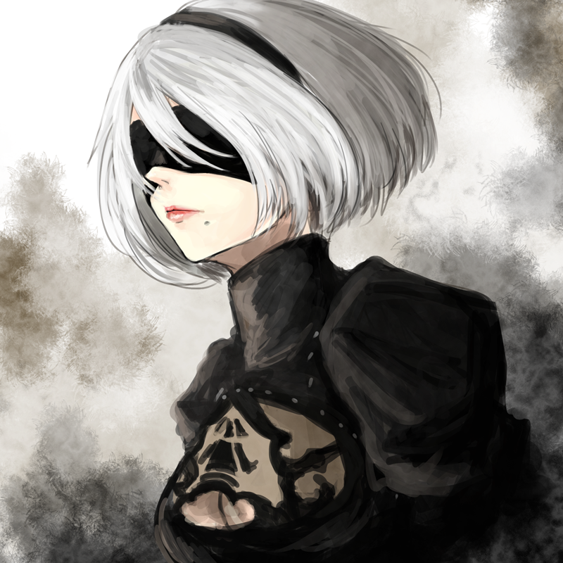 1girl, 2b_(nier:automata), black_dress, blindfold, breasts, cleavage, cleavage_cutout, clothing_cutout