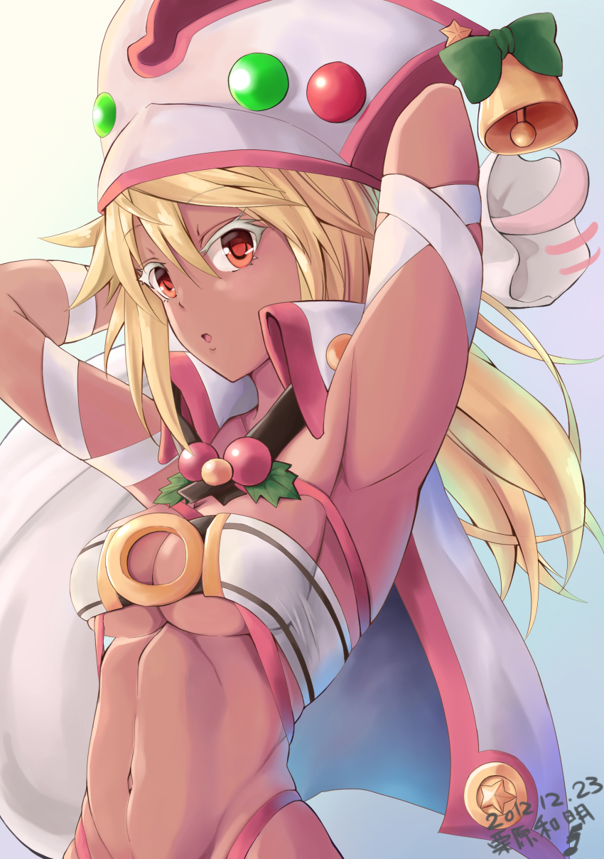 1girl, absurdres, armpits, arms_behind_head, bell, belt_bra, blonde_hair, breasts