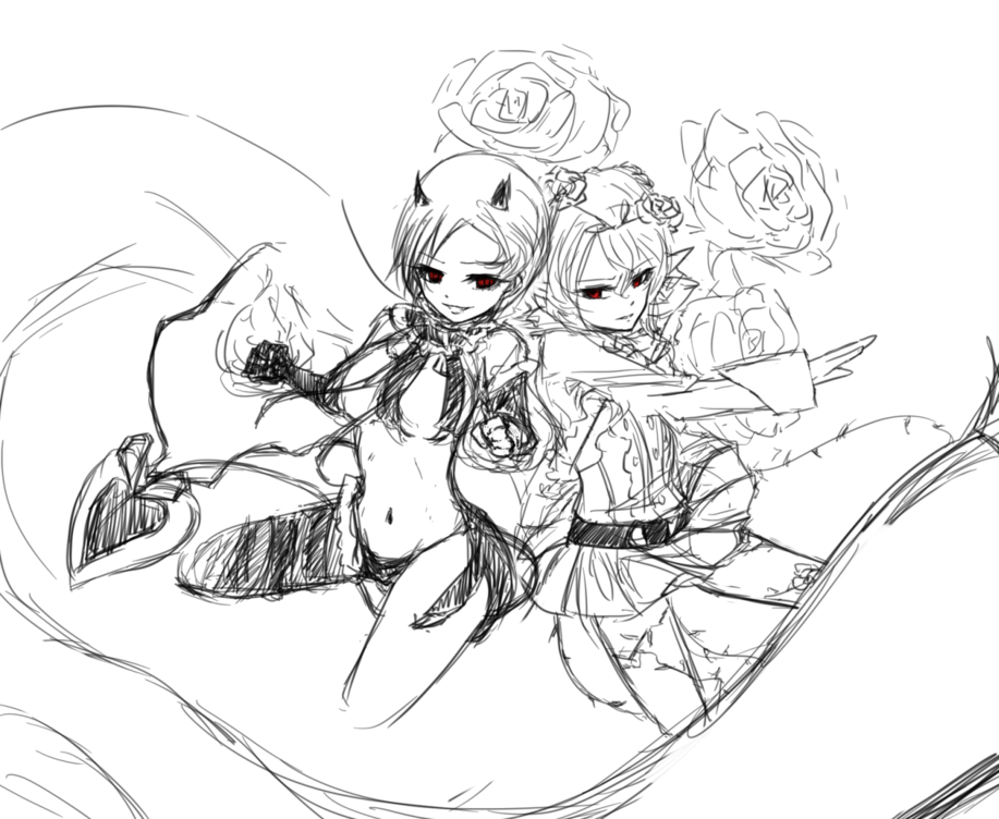 10s, 2girls, chenjuliushuang, cranberry_(mahoiku), flower, greyscale, horns, mahou_shoujo_ikusei_keikaku