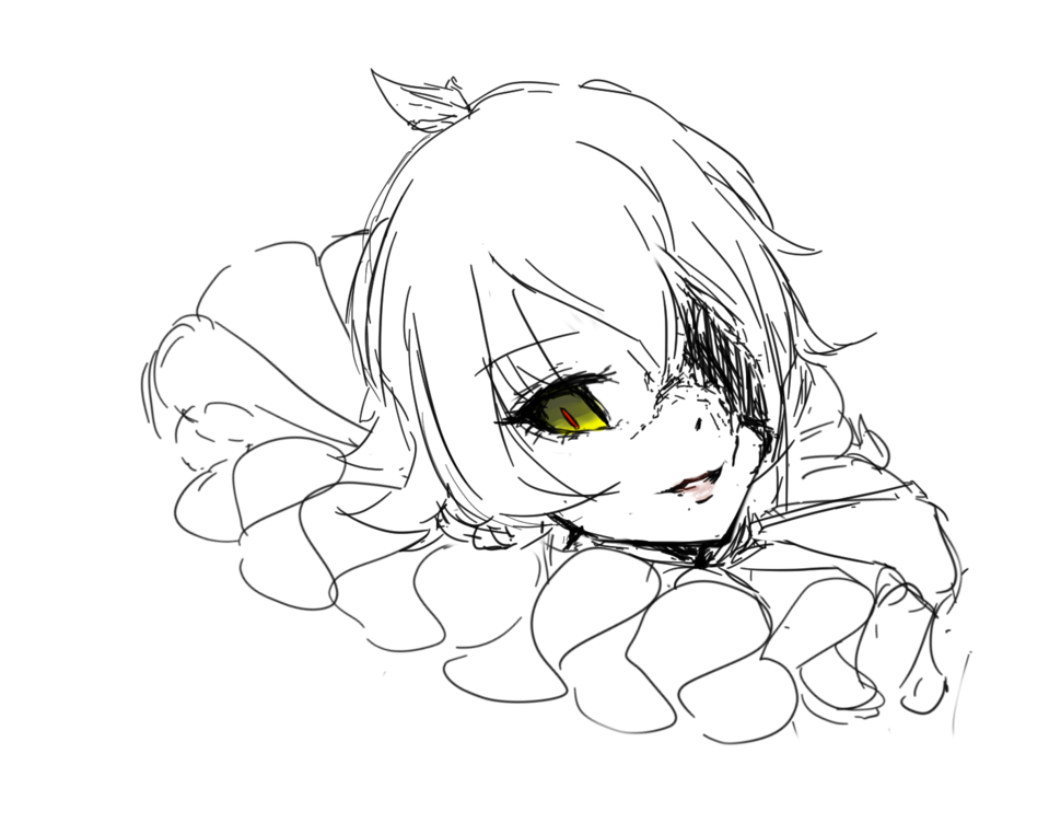 10s, 1girl, blood, chenjuliushuang, female_focus, greyscale, mahou_shoujo_ikusei_keikaku, mahou_shoujo_ikusei_keikaku_limited, monochrome, one-eyed, pukin, short_hair, smile, solo