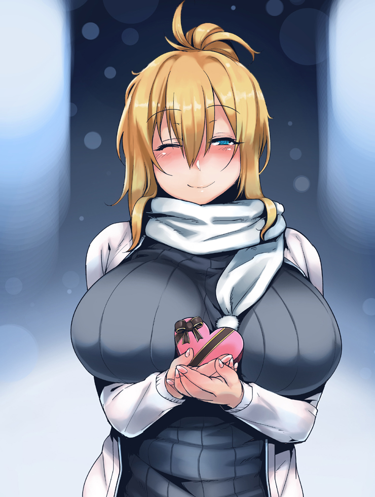 1girl, blonde_hair, blue_eyes, blush, breasts, chocolate, female_focus, huge_breasts, long_sleeves, looking_at_viewer, npqhytt12, one_eye_closed, ponytail, scarf, short_hair, smile, solo, tabigarasu_(mahjong_yuugen_gaisha_58), upper_body, valentine, white_scarf