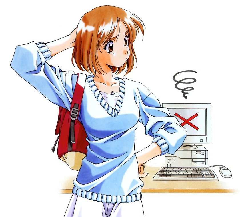 1990s_(style), 1girl, backpack, bag, brown_eyes, brown_hair, casual, computer, computer_keyboard, female_focus, kai_tomohisa, randoseru, retro_artstyle, sentimental_graffiti, short_hair, solo, yamamoto_rurika