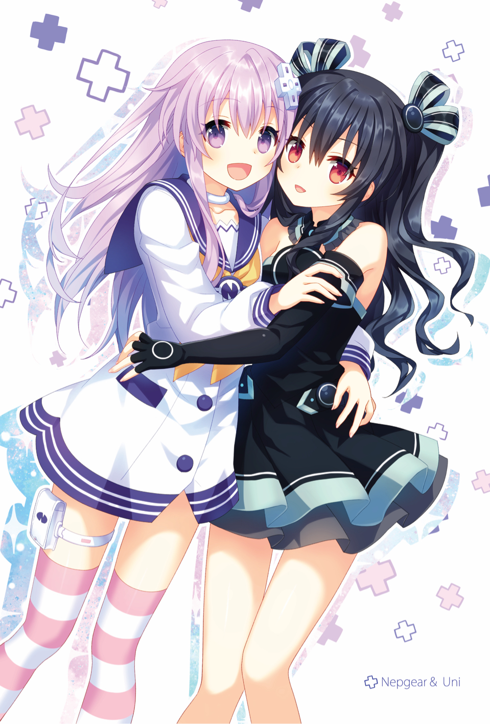 10s, 2girls, black_hair, blush, character_name, collar, collarbone, cowboy_shot