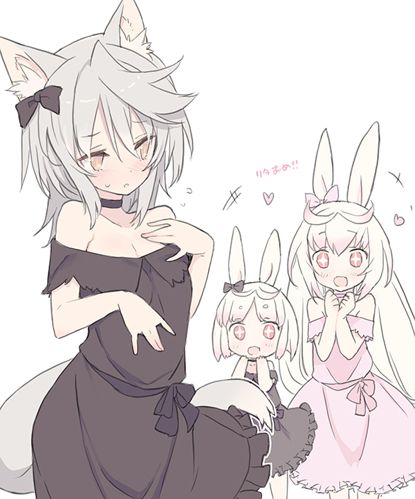 3girls, animal_ears, blade_(galaxist), blush, commentary_request, dress, heart, kirara_ookami, long_hair, low-tied_long_hair, multiple_girls, official_art, open_mouth, pink_hair, pop-up_story, rabbit_ears, rabbit_girl, red_eyes, rita_drake, ruri_ookami, short_hair, siblings, simple_background, sisters, smile, tail, white_background, white_hair, wolf_ears, wolf_tail, yellow_eyes