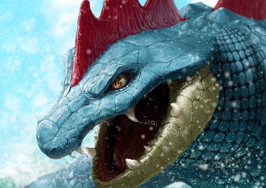 dekunobou_kizakura, fangs, feraligatr, gen_2_pokemon, nintendo, no_humans, open_mouth, pokemon, pokemon_(creature), realistic, slit_pupils, solo, teru_sakura, water, wet