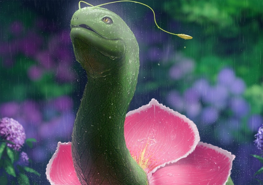antennae, colored_skin, dekunobou_kizakura, flower, gen_2_pokemon, green_skin, hydrangea, long_neck, looking_up, meganium, nintendo, no_humans, pokemon, pokemon_(creature), rain, realistic, slit_pupils, solo, teru_sakura, water, wet