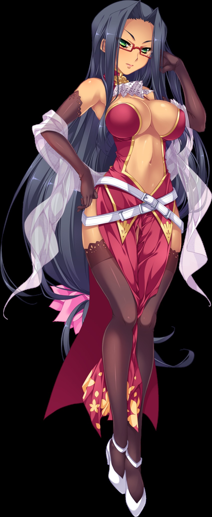 1girl, absurdres, belt, belt_skirt, between_legs, black_hair, breasts, brown_gloves, brown_thighhighs, center_opening, crossed_belts, dress, elbow_gloves, female_focus, full_body, glasses, gloves, green_eyes, hand_to_head, high_heels, highres, hikage_eiji, katagiri_hinata, koihime_musou, large_breasts, long_hair, low-tied_long_hair, mole, mole_under_eye, navel, official_art, pelvic_curtain, pumps, red-framed_eyewear, semi-rimless_eyewear, shuuyu_(koihime_musou), solo, thighhighs, transparent_background, very_long_hair