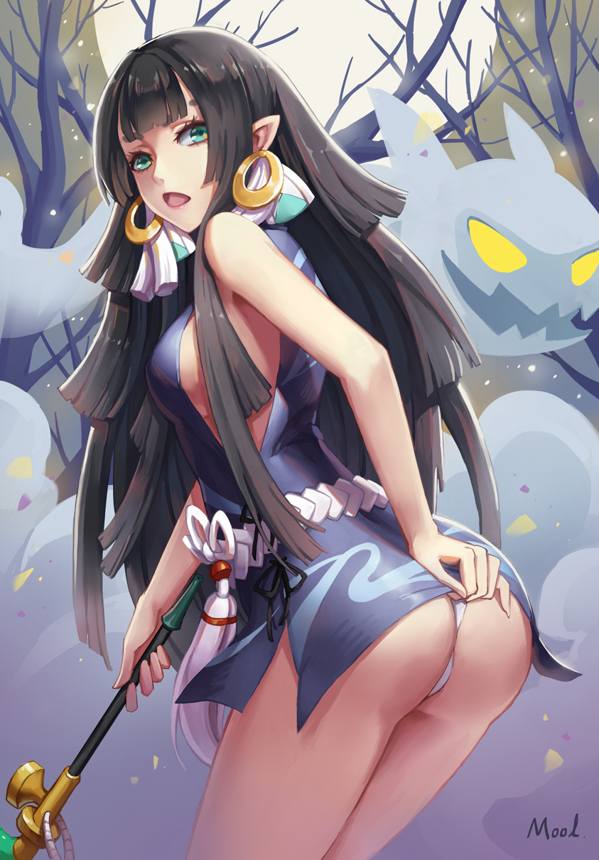 1girl, ass, bare_shoulders, bare_tree, black_hair, blue_eyes, breasts, d:, earrings, en'enra, female_focus, from_side, full_body, highres, hoop_earrings, jewelry, kiseru, long_hair, looking_at_viewer, mool_yueguang, onmyoji, open_mouth, panties, pointy_ears, sideboob, smoking_pipe, solo, tree, underwear, white_panties, yanyanluo