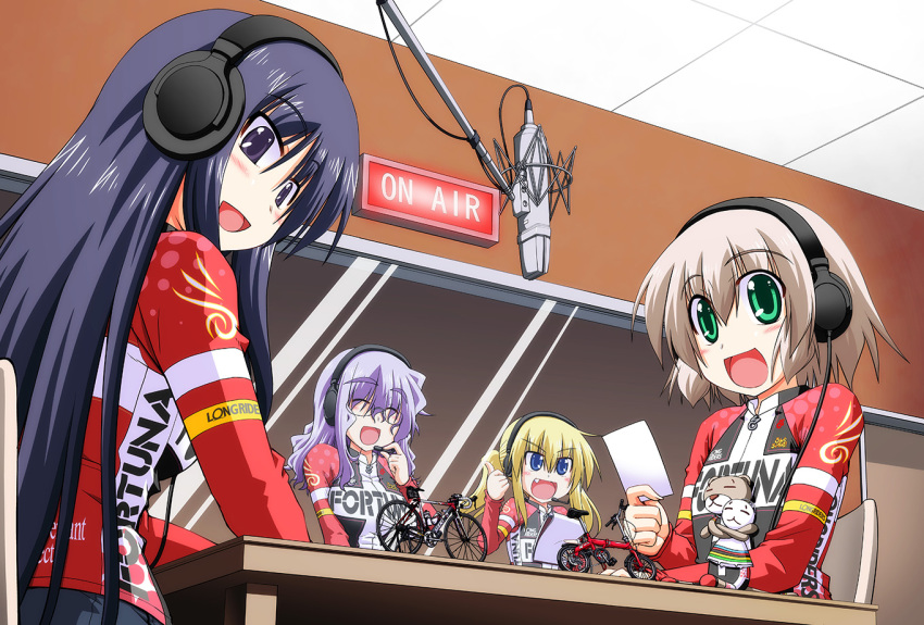 10s, 4girls, :d, bicycle, bike_jersey, black_hair, blonde_hair, blue_eyes