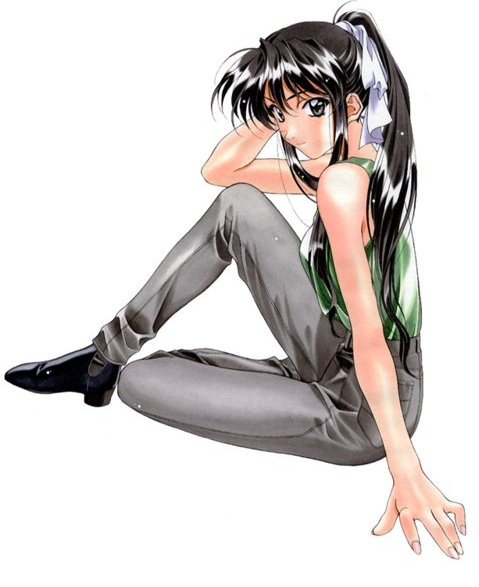 1990s_(style), 1girl, bare_arms, black_hair, casual, female_focus, kai_tomohisa, long_hair