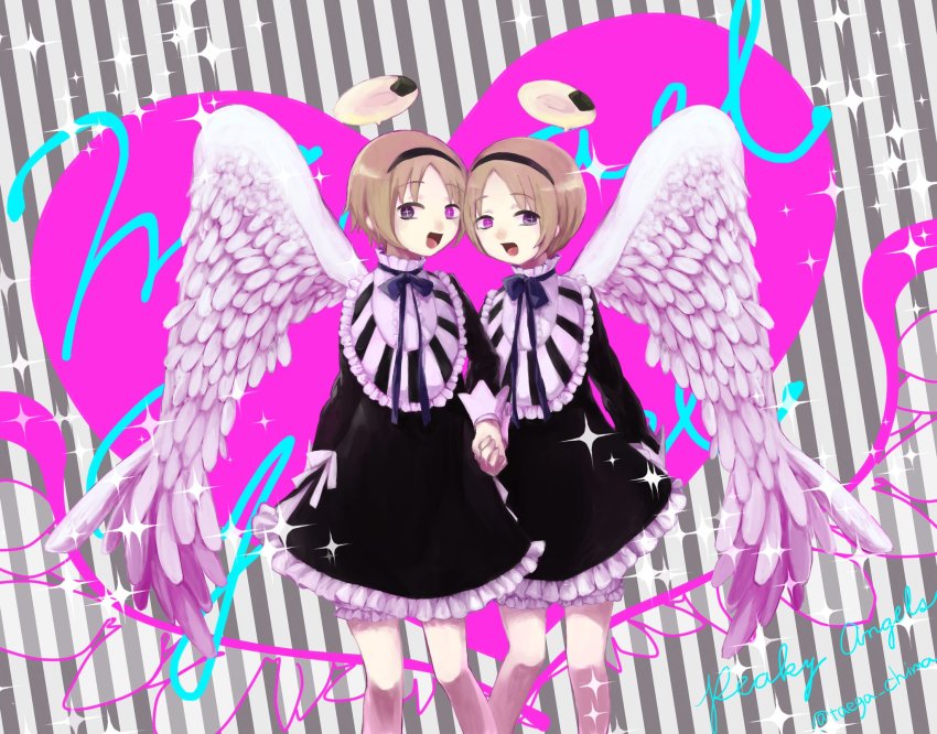 10s, 2girls, halo, holding_hands, heart, highres, mahou_shoujo_ikusei_keikaku, mahou_shoujo_ikusei_keikaku_unmarked