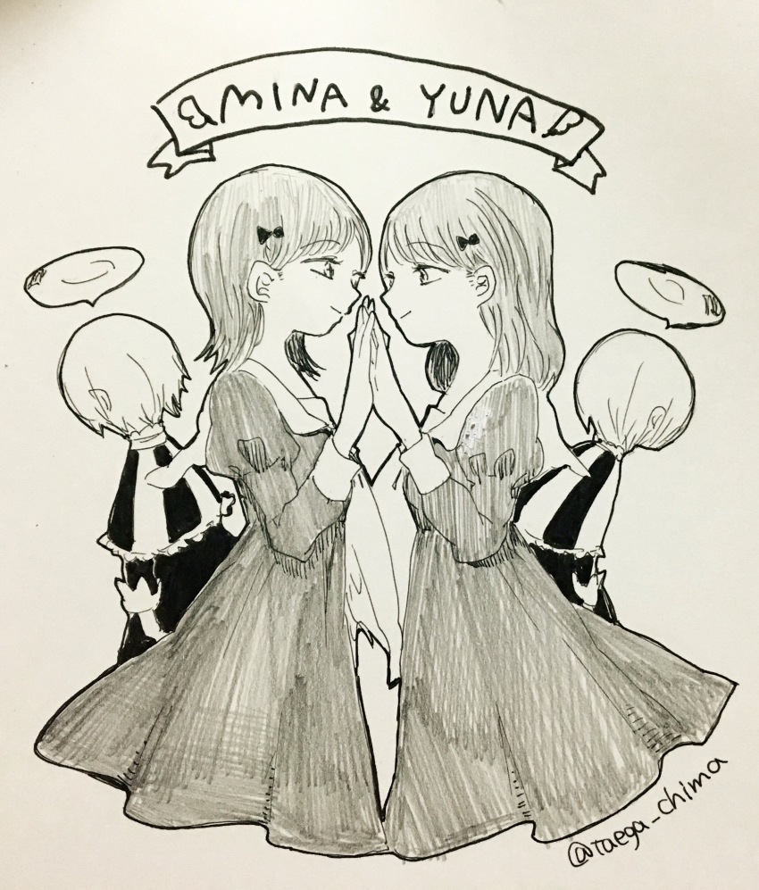 10s, 4girls, amasato_mina, amasato_yuna, dual_persona, eye_contact, halo, highres, holding_hands, looking_at_another, mahou_shoujo_ikusei_keikaku, mahou_shoujo_ikusei_keikaku_unmarked, minael, monochrome, multiple_girls, siblings, single_wing, sisters, smile, taega_chima, twins, wings, yunael