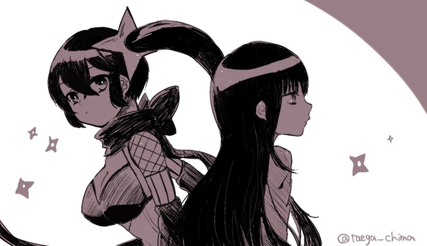 10s, 2girls, dual_persona, long_hair, mahou_shoujo_ikusei_keikaku, monochrome, multiple_girls, ninja, ripple_(mahoiku), sazanami_kano, scarf, shuriken, side_ponytail, taega_chima, weapon